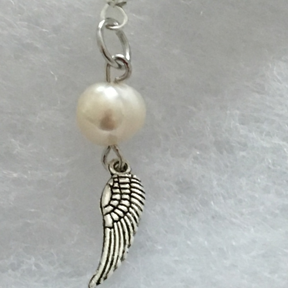 SOLD White Pearl Silver Angel Wing Earrings - Picture 6 of 7